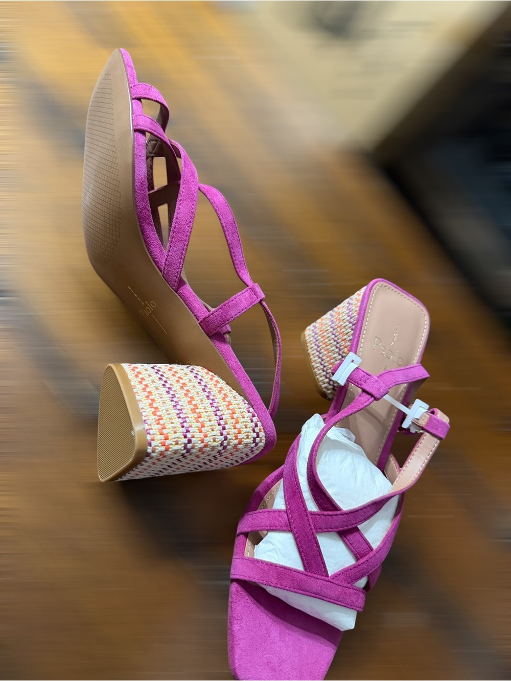 Paolo Fuchsia Strappy Block Heel Sandals with Woven Detail